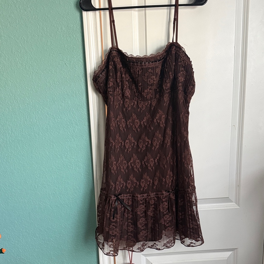 Brown Lace Slip Dress with Ruffle Hem urban outfitters